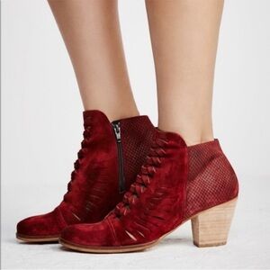 Free People Rust Red Loveland Suede Booties Braided Cut Out Block Heel Size 38/8